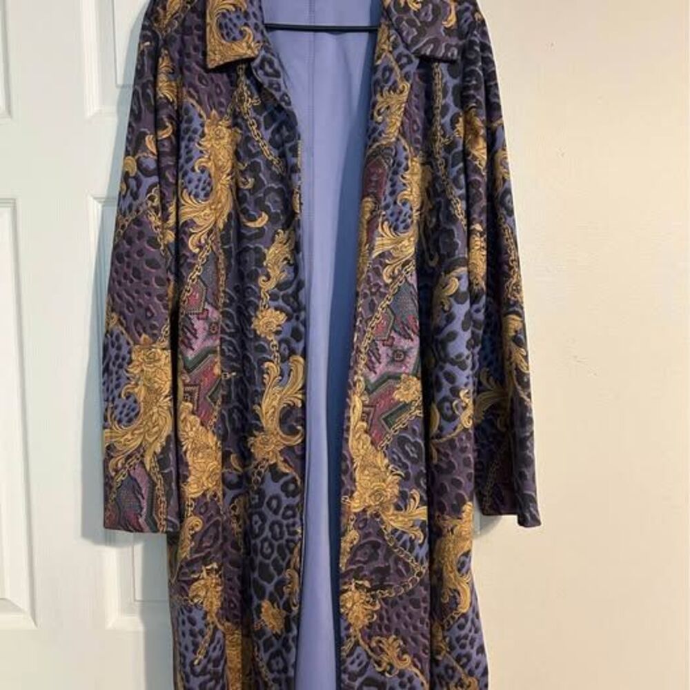 IMAN 3X Purple Leopard Gold Chain Print Long Duster Cardigan Sweater Plus Size